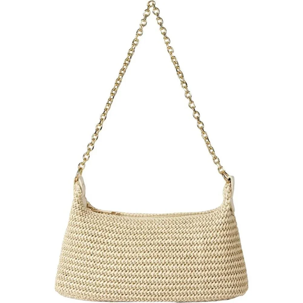 Women's Straw Woven Shoulder Tote Bag Summer Beach Purse Zipper Closure